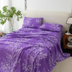 Purple & White Leaf Pattern King 4-Piece Set