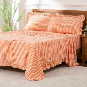 Orange Ruffled Plaid Queen Set